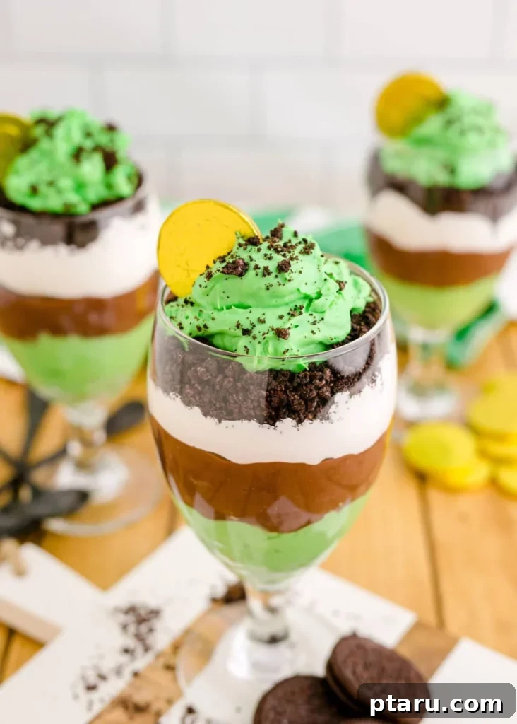 Get Lucky with These Green St. Patrick's Day Desserts 6 A tall, elegant glass showcases a beautifully layered St. Patrick's Day Pudding Parfait. Distinct layers of creamy vanilla and vibrant green pudding are visible, topped with a rich dollop of whipped cream and a glistening chocolate gold coin, creating a festive and inviting dessert.