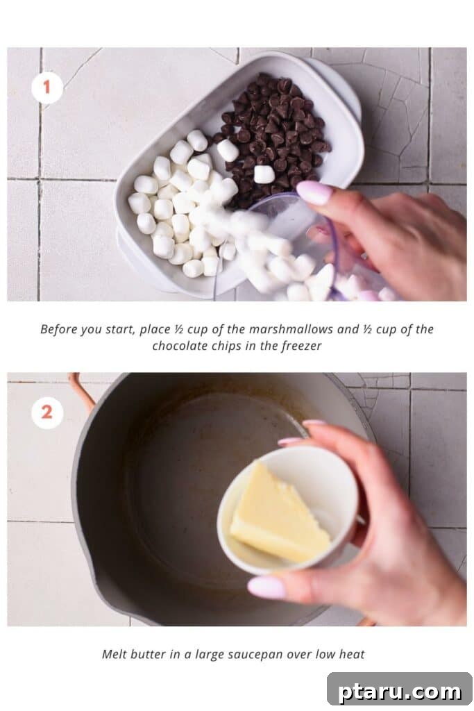 Decadent Chocolate Crunch Bars 4 A bowl of mini marshmallows and chocolate chips is placed in the freezer. And butter is melted in a large saucepan on low heat.