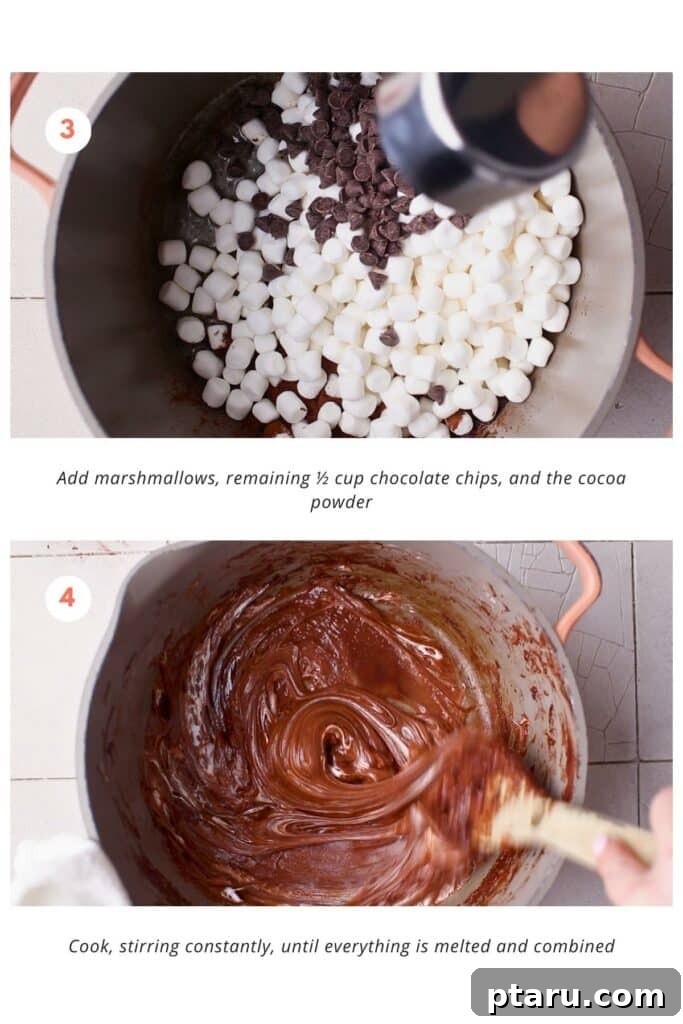 Decadent Chocolate Crunch Bars 5 Marshmallows, cocoa powder and chocolate chips mixed together. The mixture is combined until the marshmallows and chocolate chips are melted.
