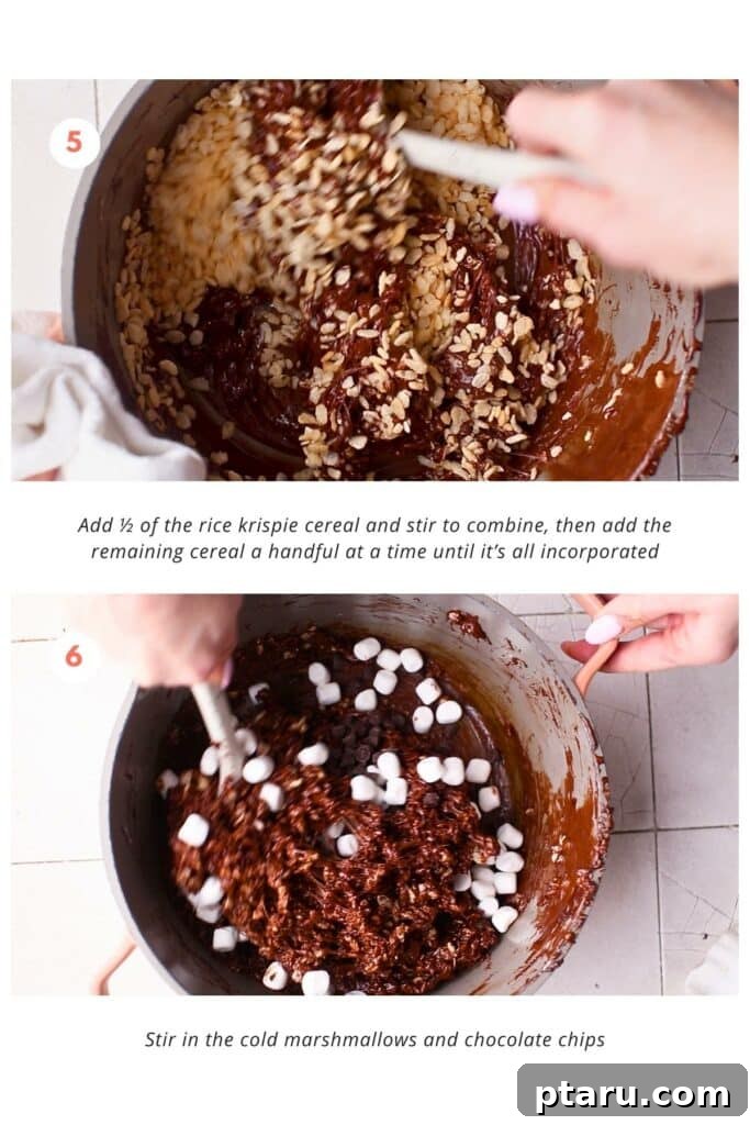Decadent Chocolate Crunch Bars 6 Rice krispie cereal is added and combine until it's all incorporated. Cold marshmallows and chocolate chips are stirred in the mixture.