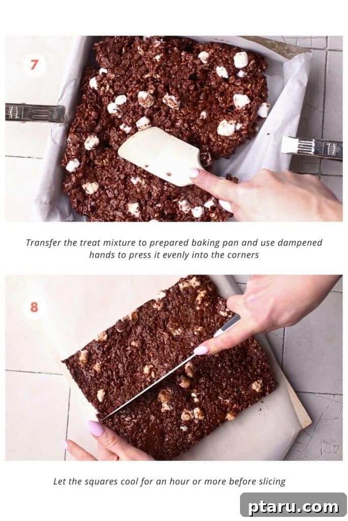 Decadent Chocolate Crunch Bars 7 Mixture is pressed into a lined baking pan and left to cool. Then it is cut to squares.