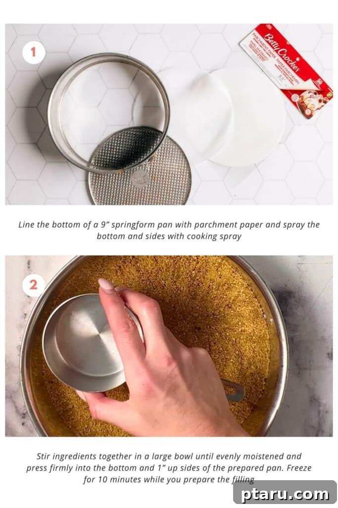 Festive No-Bake Easter Egg Cheesecake 6 A step-by-step image illustrating the process of preparing and pressing the graham cracker crust into a springform pan, highlighting the smooth, even base being formed.