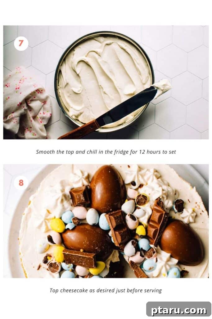 Festive No-Bake Easter Egg Cheesecake 9 The finished No-Bake Easter Egg Cheesecake, beautifully decorated with an assortment of colorful chocolate Easter eggs and a swirl of whipped cream, ready for serving. The vibrant toppings contrast with the smooth, creamy cheesecake surface, creating a festive and inviting dessert.