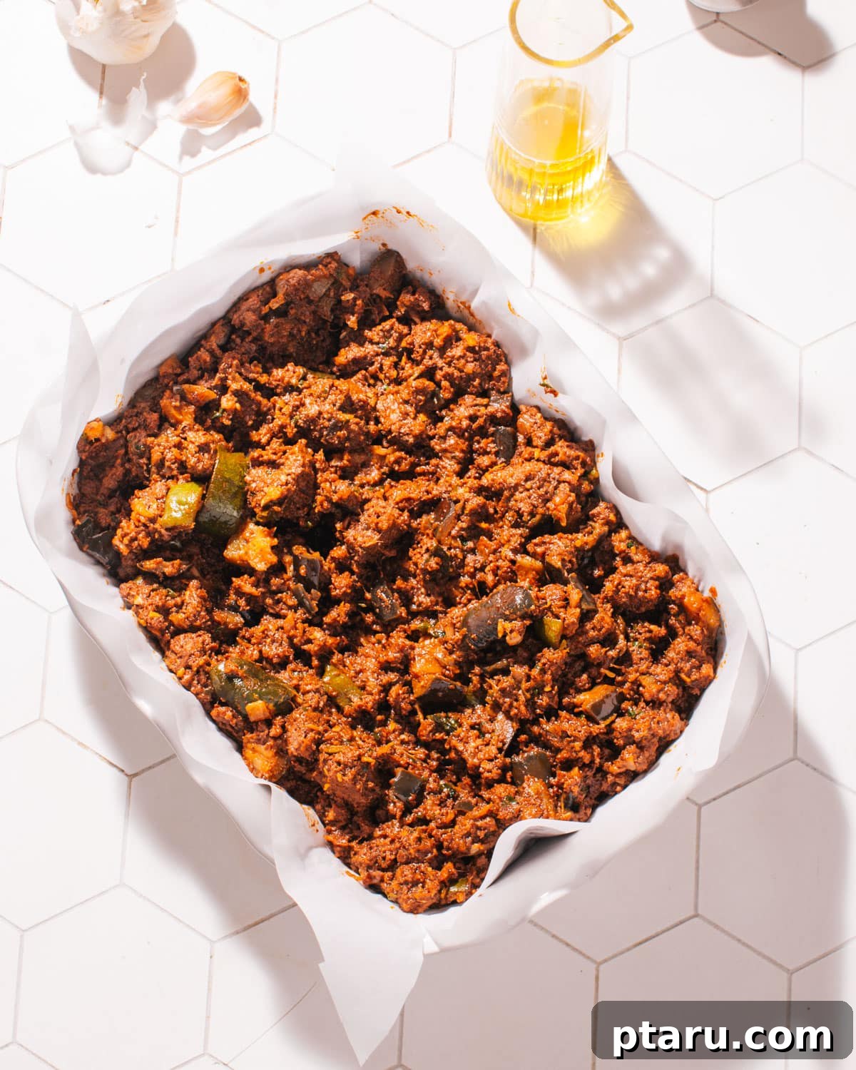 Hellenic Shepherds Pie 4 Ground meat filling for Greek Shepherd's Pie simmering with vegetables