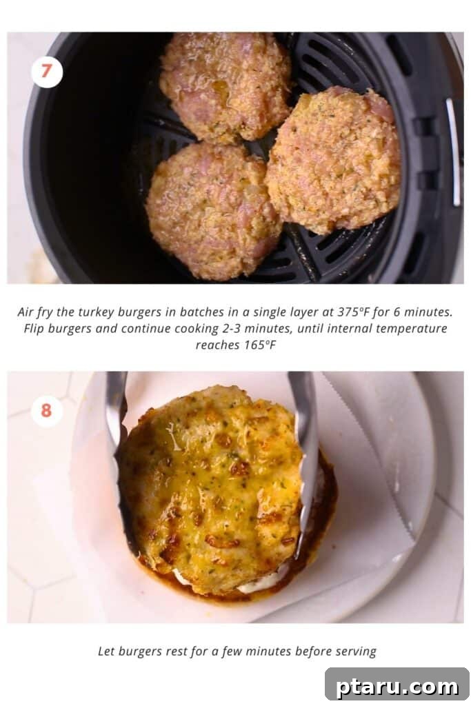Best Air Fryer Turkey Burgers 4 Air fryer basket with 3 uncooked turkey burgers on the bottom. The air fryer is set to 375°F. The instruction says to cook in batches in a single layer for 6 minutes and flip the burgers and cook for another 2-3 minutes until the internal temperature reaches 165°F. The burger patties are then placed over burger buns with mayo and lettuce.