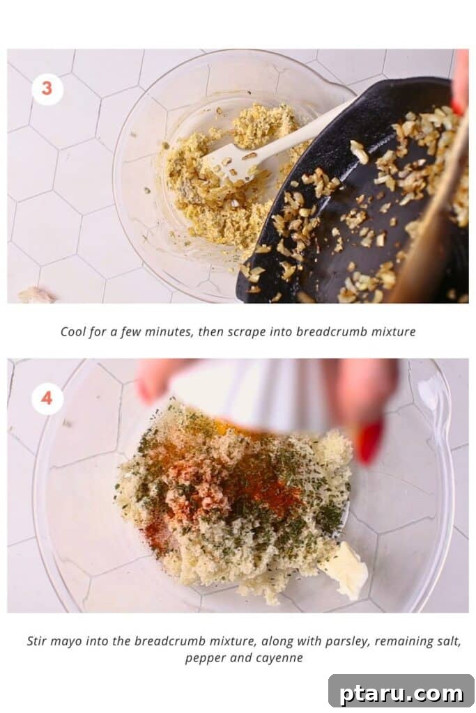 Best Air Fryer Turkey Burgers 7 Cooked onion is scraped into breadcrumb mixture. Mayo is stirred into the breadcrumb mixture, along with parsley, remaining salt, pepper, and cayenne.