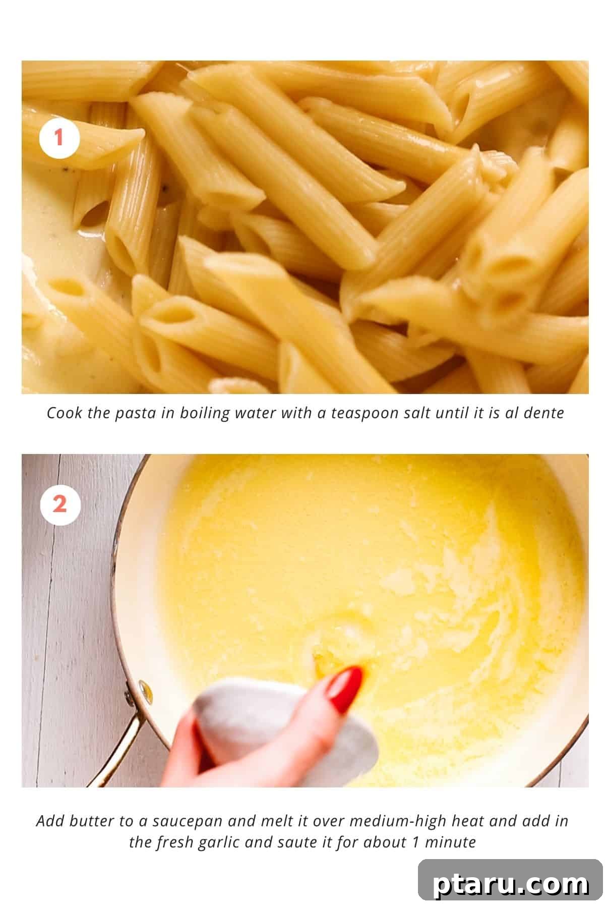 Umami Miso Carrot Macaroni Cheese 4 Cooking pasta and melting butter in a pan for the mac and cheese sauce