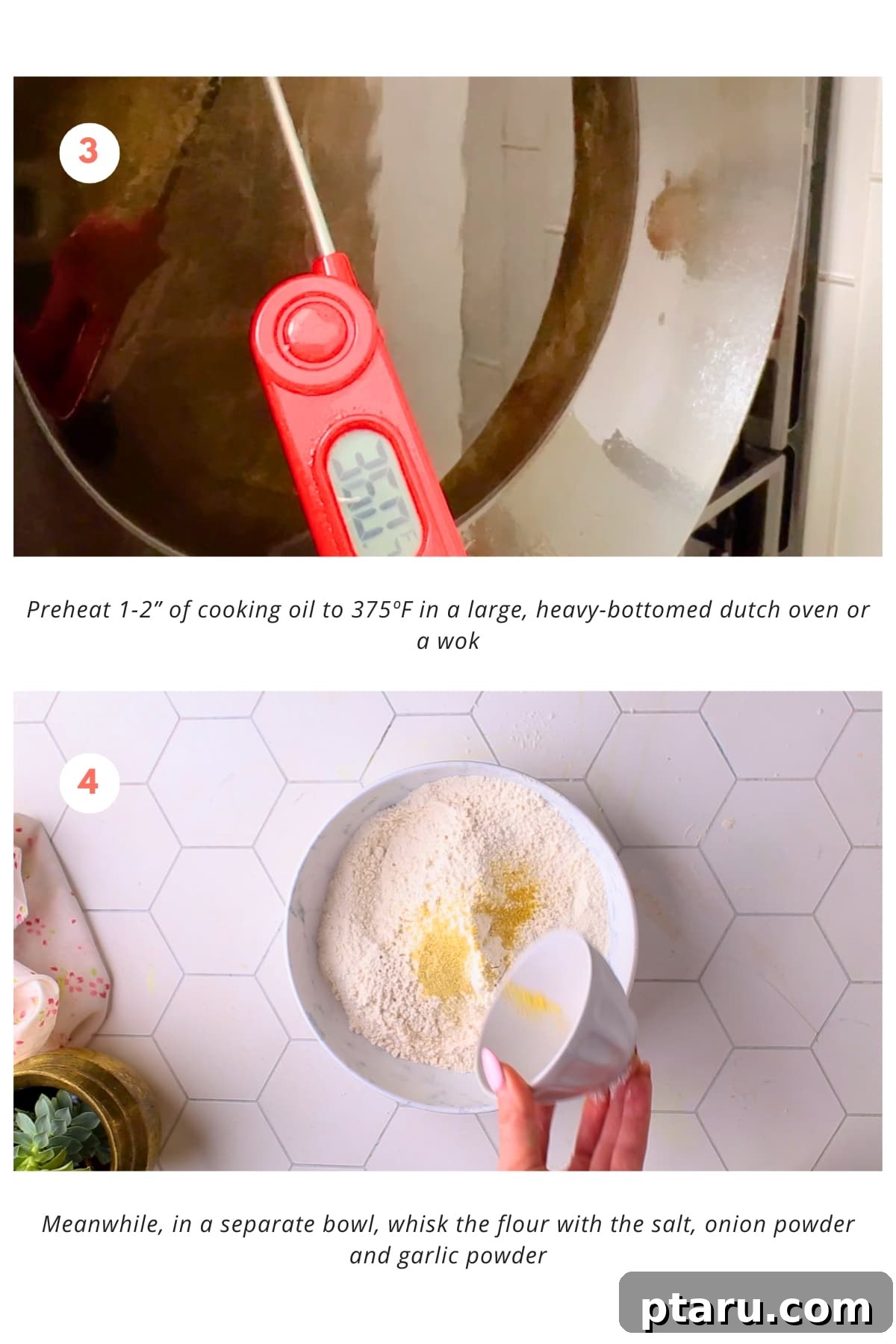 Blazing Shrimp Delight 4 The cooking oil is preheated to 375ºF in a large, heavy-bottomed dutch oven or a wok. In a separate bowl, the flour is whisked with salt, onion powder and garlic powder.
