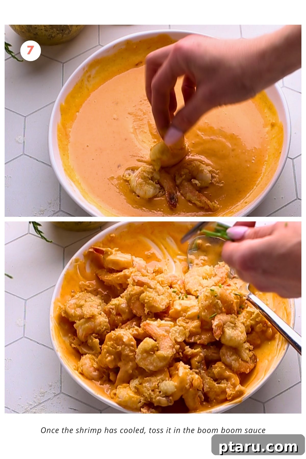 Blazing Shrimp Delight 6 The hot fried shrimp is tossed in the boom boom sauce in a mixing bowl, ready to be served.