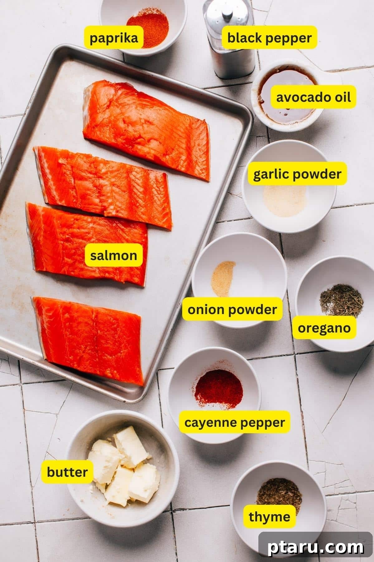 Honey-Butter Glazed Cajun Salmon 3 Ingredients for Cajun Honey Butter Salmon laid out on a kitchen countertop
