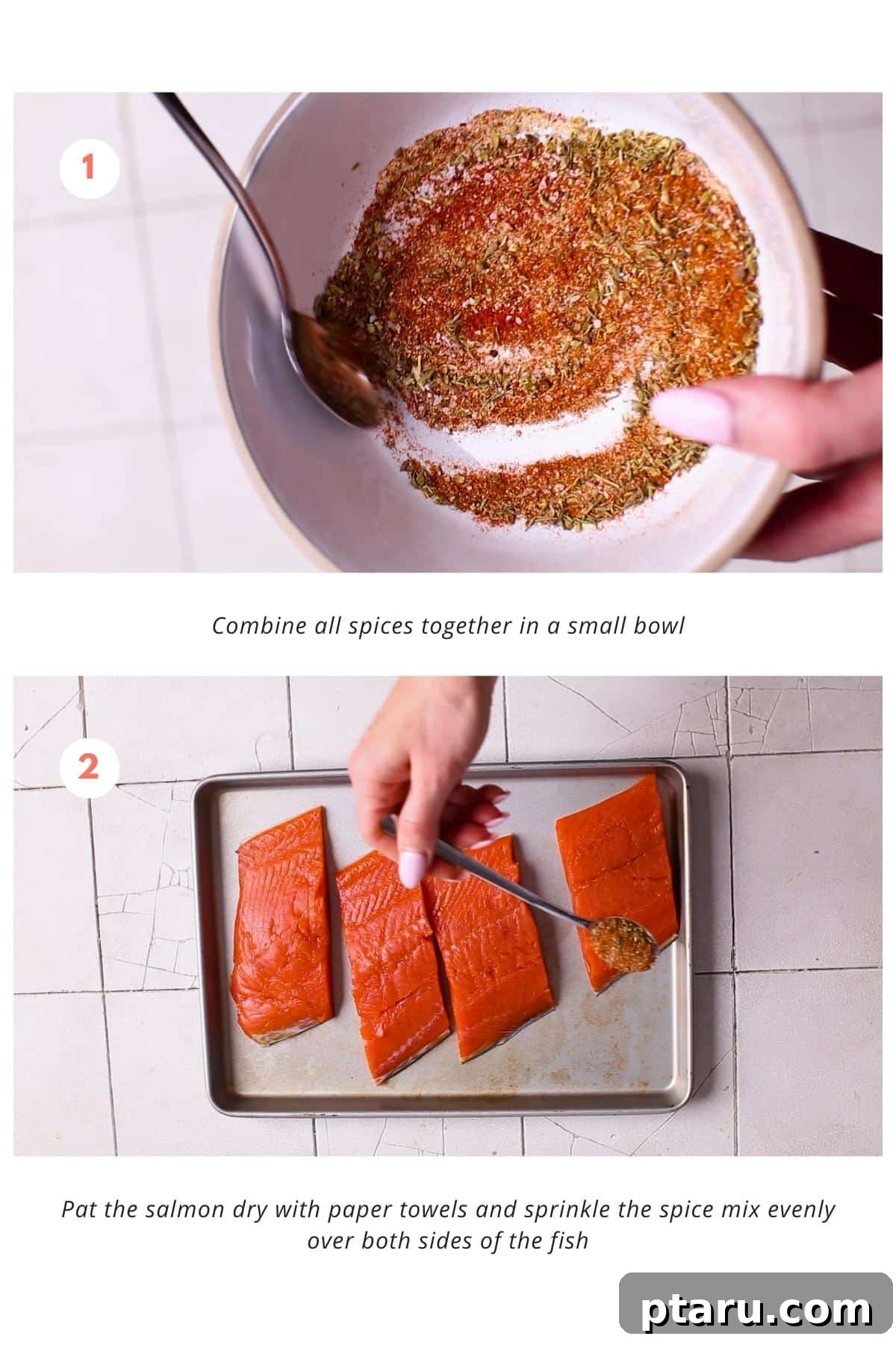 Honey-Butter Glazed Cajun Salmon 4 The spices are mixed together in a small bowl. Then, the salmon is patted dry with paper towels and the spice mix is sprinkled evenly over both sides of the fish.