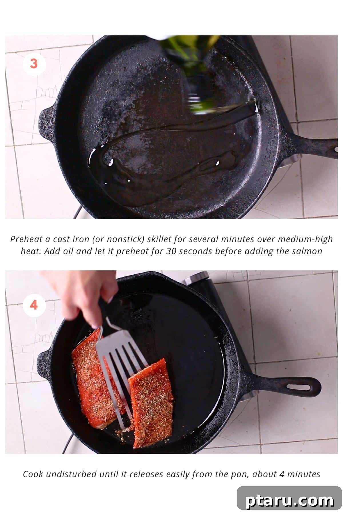Honey-Butter Glazed Cajun Salmon 5 In the cast iron skillet, the salmon is cooked undisturbed until it releases easily from the pan over medium-high heat with preheated oil for about 4 minutes.