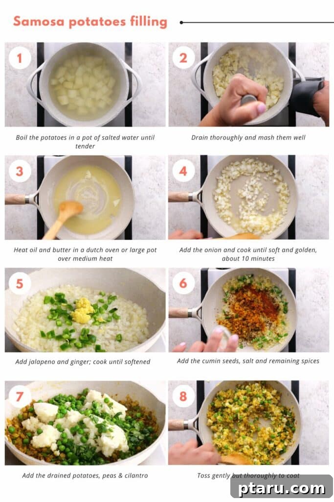 Savory Spiced Potato Samosas 4 Easy-to-follow step-by-step instructions for samosa potatoes filling preparation, showing ingredients being cooked in a pan.
