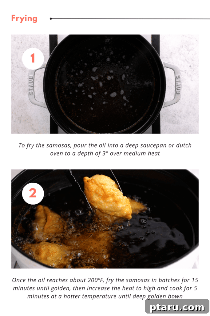 Savory Spiced Potato Samosas 6 Step-by-step instructions for deep frying potato samosas, showing them browning in hot oil.
