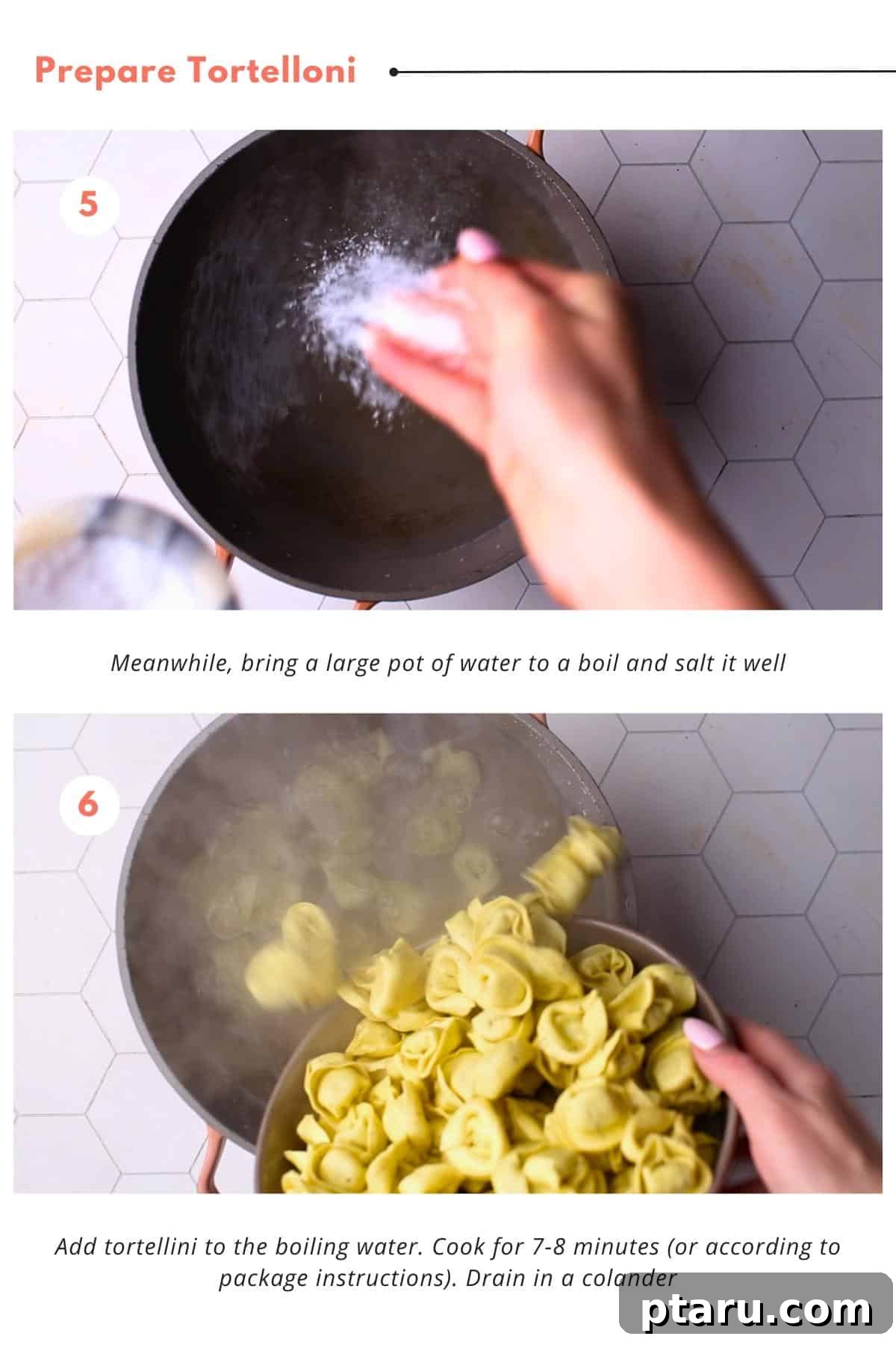 Creamy Asiago Tortelloni Alfredo with Grilled Chicken 6 Tortellini pasta cooking in a large pot of boiling, salted water. A colander is placed in the sink for draining the cooked pasta.
