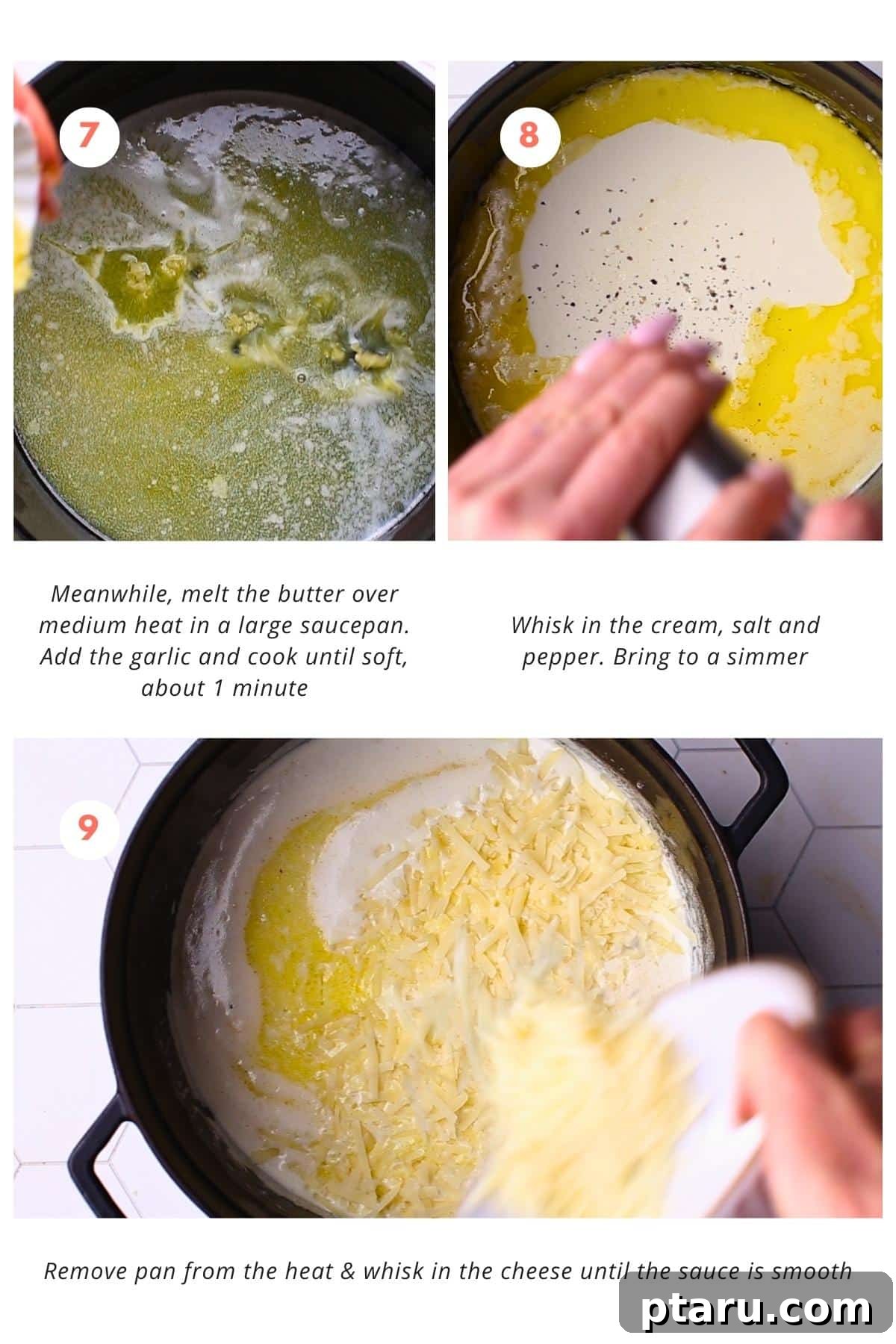 Creamy Asiago Tortelloni Alfredo with Grilled Chicken 7 Butter, garlic, cream, salt, pepper, and grated Parmesan cheese in a saucepan, being whisked until smooth.