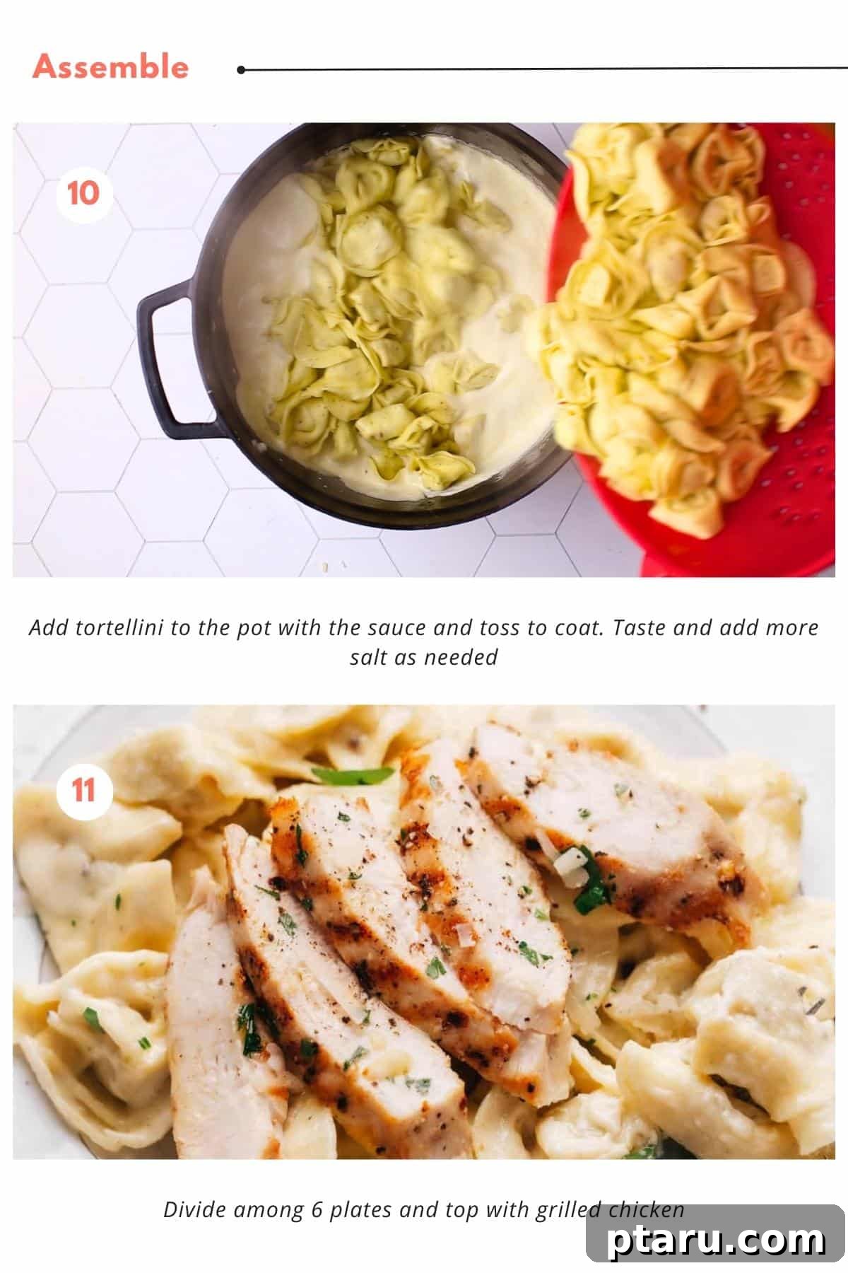Creamy Asiago Tortelloni Alfredo with Grilled Chicken 8 Tortellini is added to the pot with the sauce and tossed to coat. Finally, Asiago tortellini Alfredo with grilled chicken served on a white plate on a wooden table. The dish is garnished with minced chives and parsley.