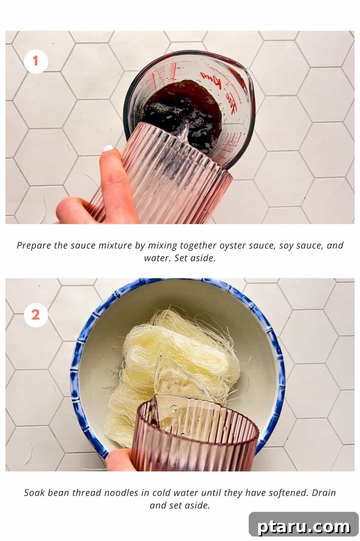 Pad Woon Sen Aromatic Glass Noodle Stir Fry 4 Sauce mixture is prepared by combining oyster sauce, soy sauce, and water. Bean thread noodles are soaked in cold water until softened, then drained.