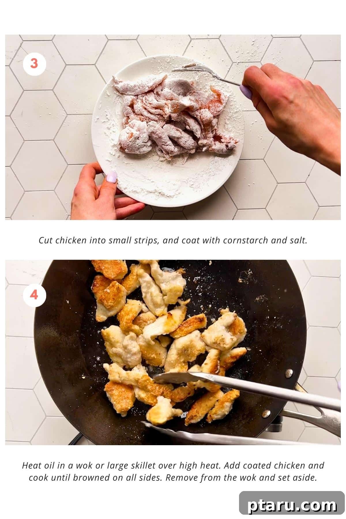 Pad Woon Sen Aromatic Glass Noodle Stir Fry 5 Chicken is cut into small strips and coated with cornstarch and salt. Oil is heated in a wok or large skillet over high heat. Coated chicken is added and cooked until browned on all sides. Chicken is then removed from the wok and set aside.