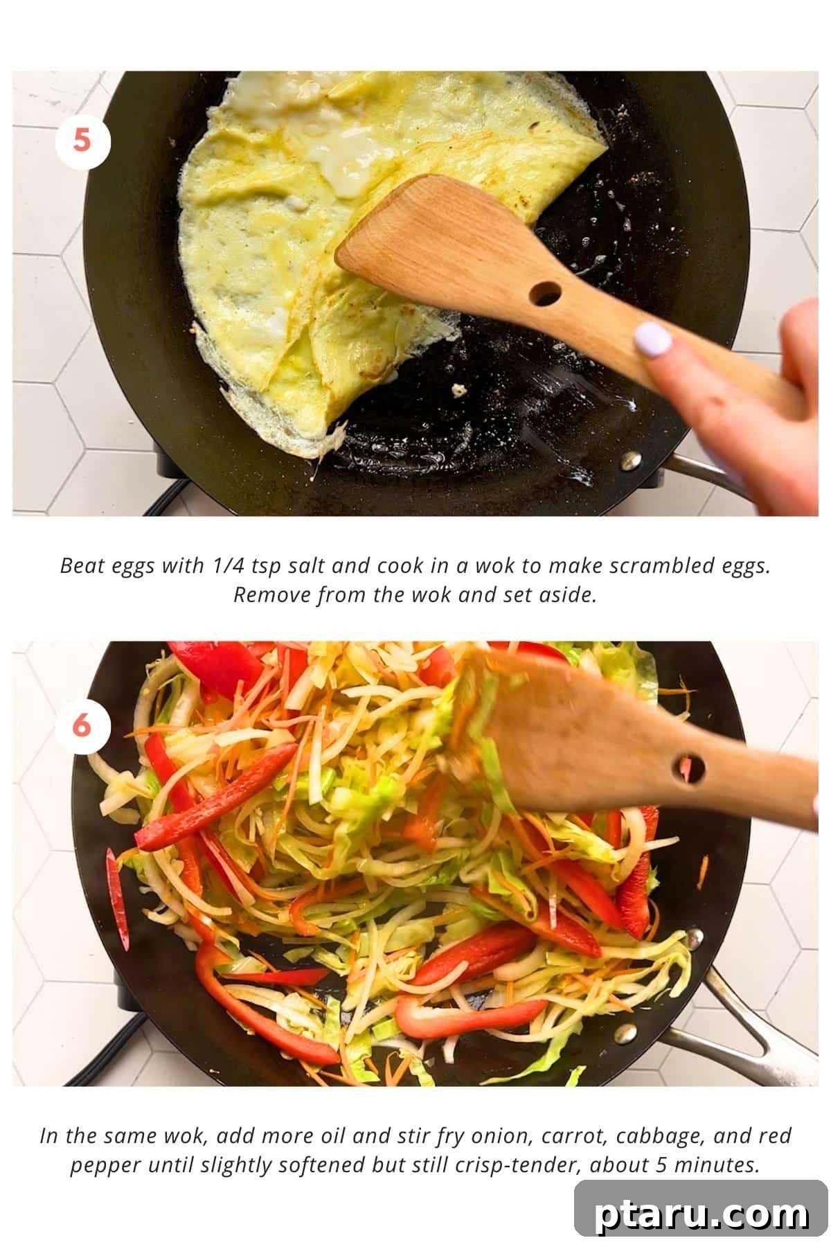 Pad Woon Sen Aromatic Glass Noodle Stir Fry 6 Eggs are beaten with 1/4 tsp salt and cooked in a wok to make scrambled eggs. The scrambled eggs are then removed from the wok and set aside. In the same wok, more oil is added and onion, carrot, cabbage, and red pepper are stir-fried until slightly softened but still crisp-tender, about 5 minutes.