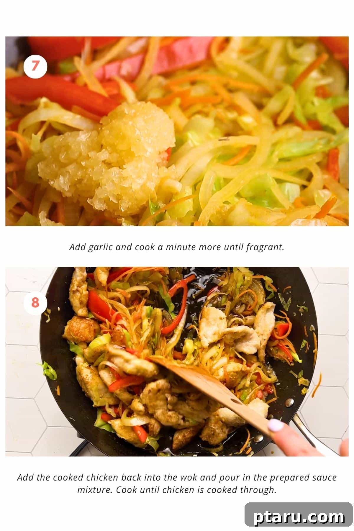 Pad Woon Sen Aromatic Glass Noodle Stir Fry 7 Garlic is added and cooked for a minute more until fragrant. The cooked chicken is added back into the wok, and the prepared sauce mixture is poured in. The dish is cooked until the chicken reaches an internal temperature of 165ºF, ensuring it is cooked through.