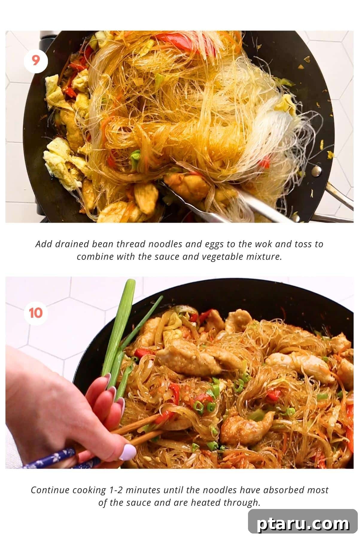 Pad Woon Sen Aromatic Glass Noodle Stir Fry 8 The drained bean thread noodles and scrambled eggs are added to the wok, and everything is tossed to combine with the sauce and vegetable mixture. The dish is cooked for 1-2 minutes until the noodles have absorbed most of the sauce and are heated through. Finally, the Pad Woon Sen is transferred to a serving dish and topped with green onions.