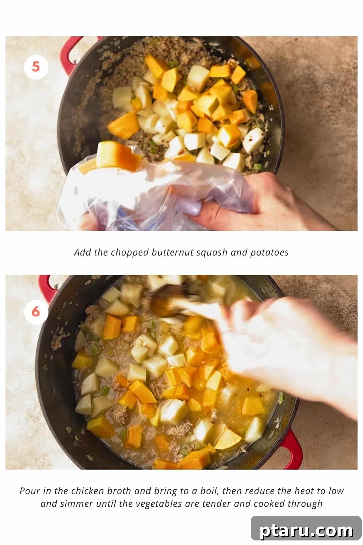 Wholesome Turkey Mince Soup 6 Chopped butternut squash and potatoes added to a pot with ground turkey and chicken broth. The pot is placed on a stove and is being cooked on low heat, allowing the vegetables to tenderize.