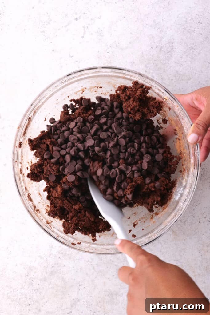 Decadent Mint Chocolate Fudge Cookies 5 Stirring dark chocolate chips into a rich, dark mint chocolate cookie dough, ready for baking.