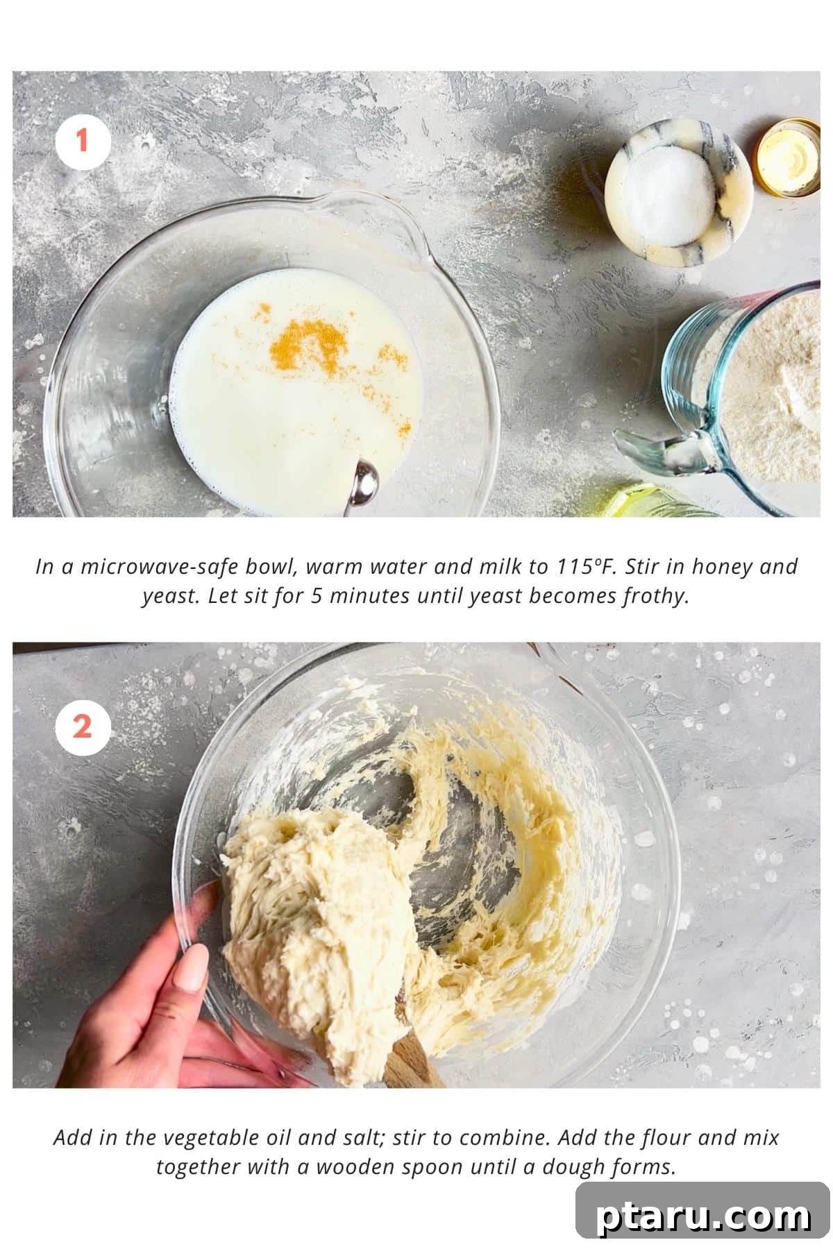 Silky Simit Delights 5 The water and milk mixture is warmed in a large microwave-safe bowl. Honey is added, followed by the yeast. After allowing it to sit for 5 minutes, the yeast becomes frothy. Vegetable oil and salt are added, and the dough forms as the flour is mixed in with a wooden spoon.