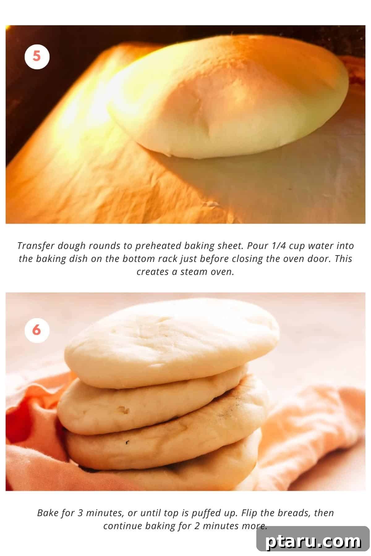 Silky Simit Delights 8 The dough rounds are transferred to the preheated parchment-lined baking sheet when ready to bake. Just before closing the oven door, 1/4 cup of water is poured into the baking dish on the bottom rack to create a steam oven. The bread is baked for 3 minutes until the top is puffed up, then flipped and baked for an additional 2 minutes.