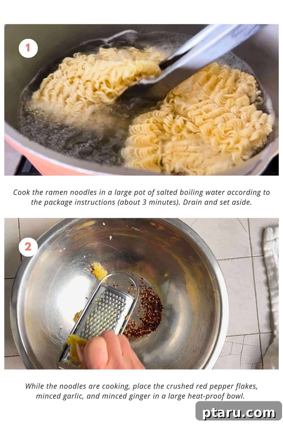 Fiery Chili Oil Ramen 4 The cooking process begins with ramen noodles being boiled in water. Concurrently, a heat-proof bowl holds a mixture of crushed red pepper flakes, freshly minced garlic, and minced ginger, ready for the hot oil infusion.