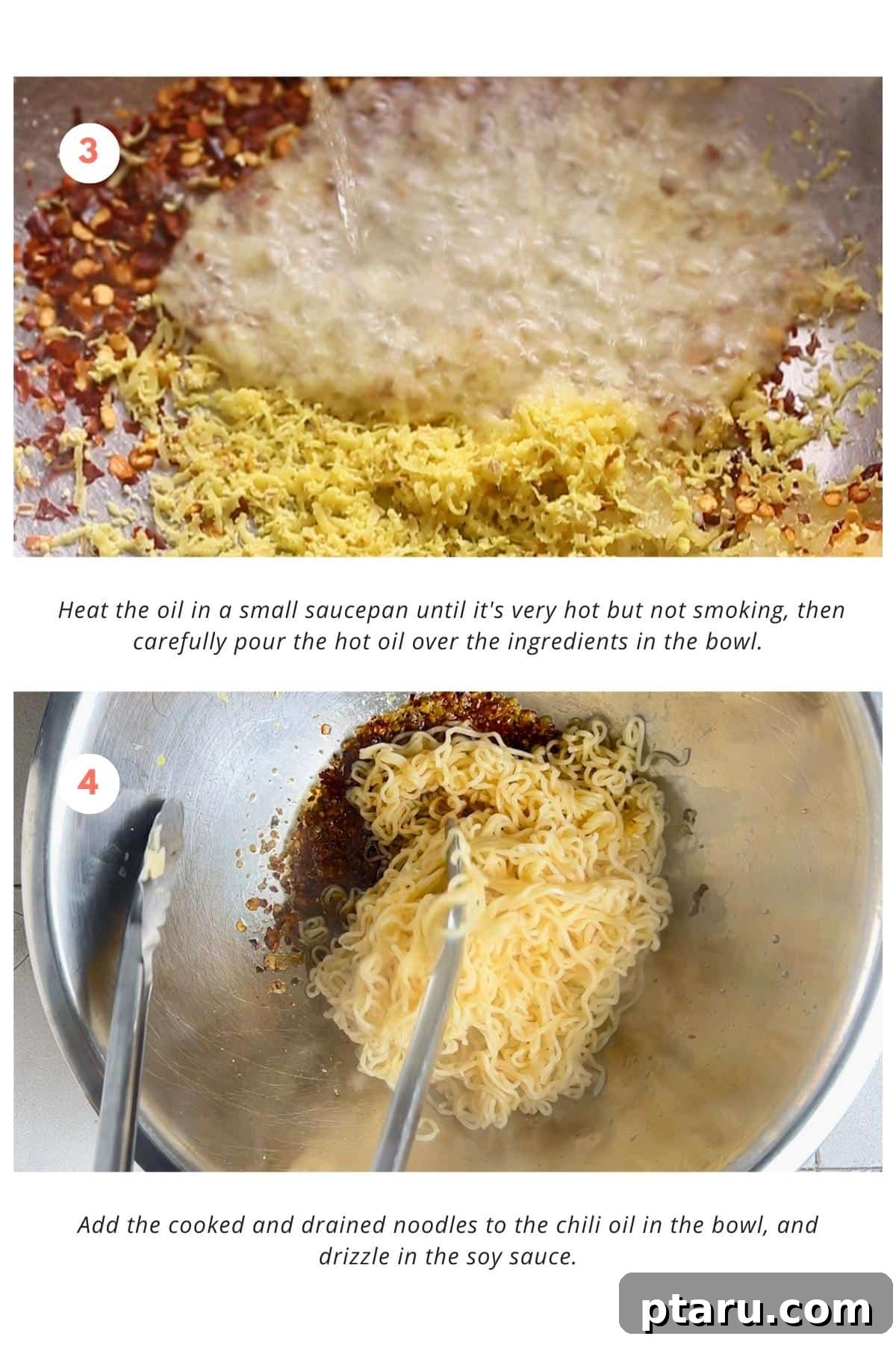 Fiery Chili Oil Ramen 5 Following the infusion, hot oil is poured over the aromatic ingredients in a bowl. Then, the freshly cooked and drained noodles are added to the bowl, ready to be tossed with the prepared chili oil and a generous splash of soy sauce.