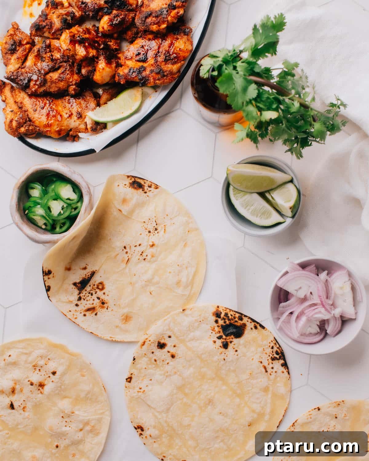 Cantina Style Chicken Tacos 3 Ingredients for assembling chicken street tacos, including tortillas, grilled chicken, jalapeño slices, sliced onions, cilantro, and other toppings.