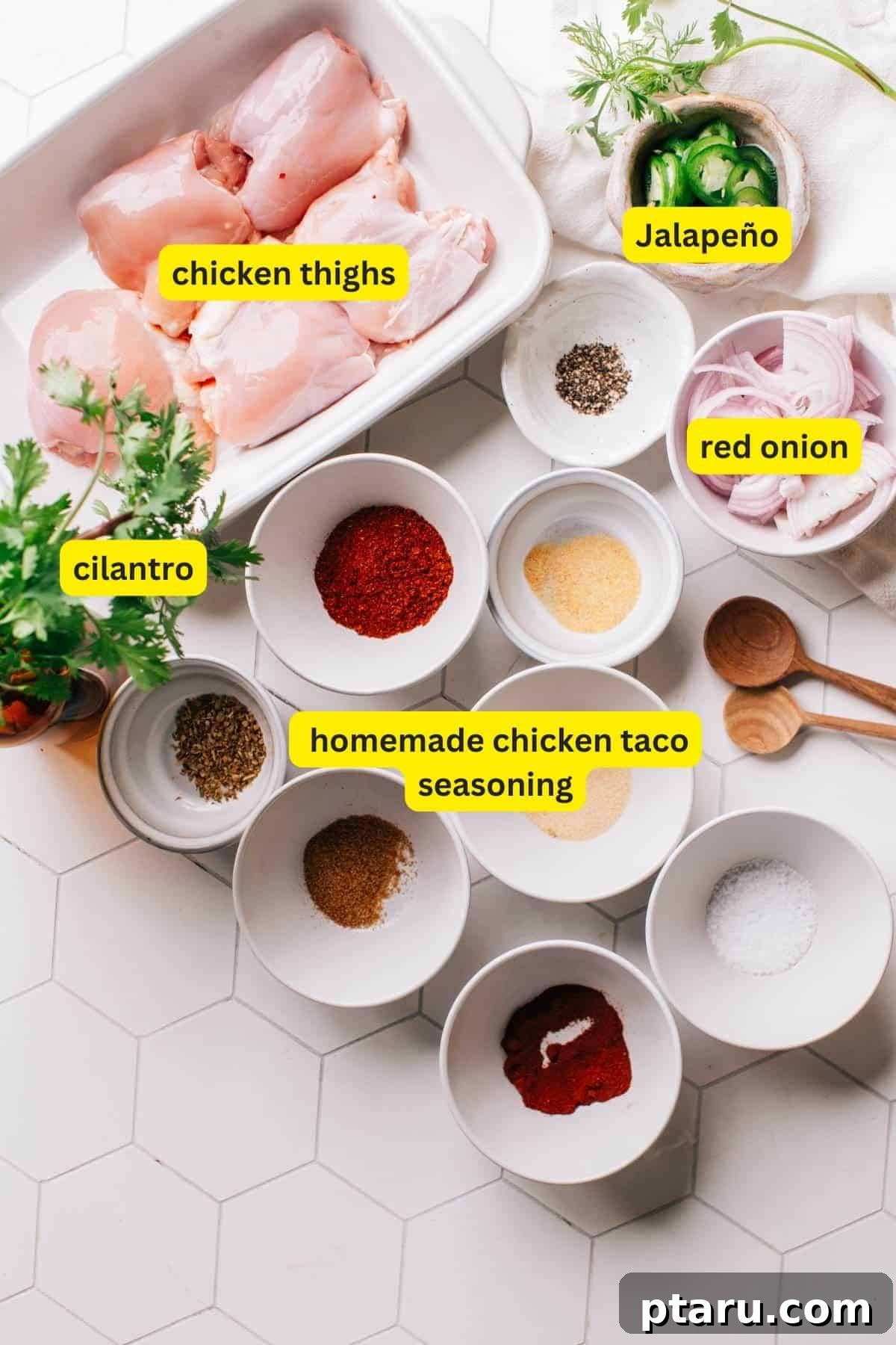 Cantina Style Chicken Tacos 4 Ingredients for chicken street tacos on a kitchen countertop including chicken thighs, jalapeno, red onion, cilantro and homemade chicken taco seasoning.