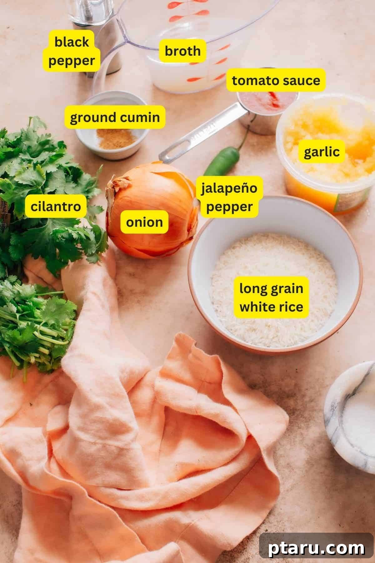 Vibrant Instant Pot Mexican Rice 3 A selection of fresh ingredients including long-grain white rice, olive oil, onion, garlic, serrano peppers, ground cumin, tomato sauce, and cilantro, laid out on a rustic surface.