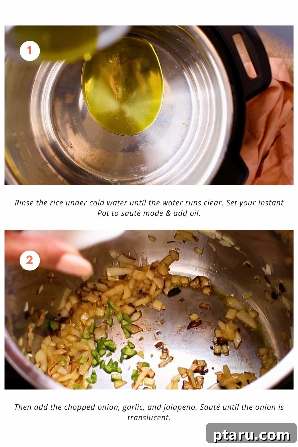 Vibrant Instant Pot Mexican Rice 4 The Instant Pot is set to sauté mode, and a small amount of oil is added to the pot. Chopped onion, garlic, and jalapeno are then added and sautéed until the onion turns translucent.