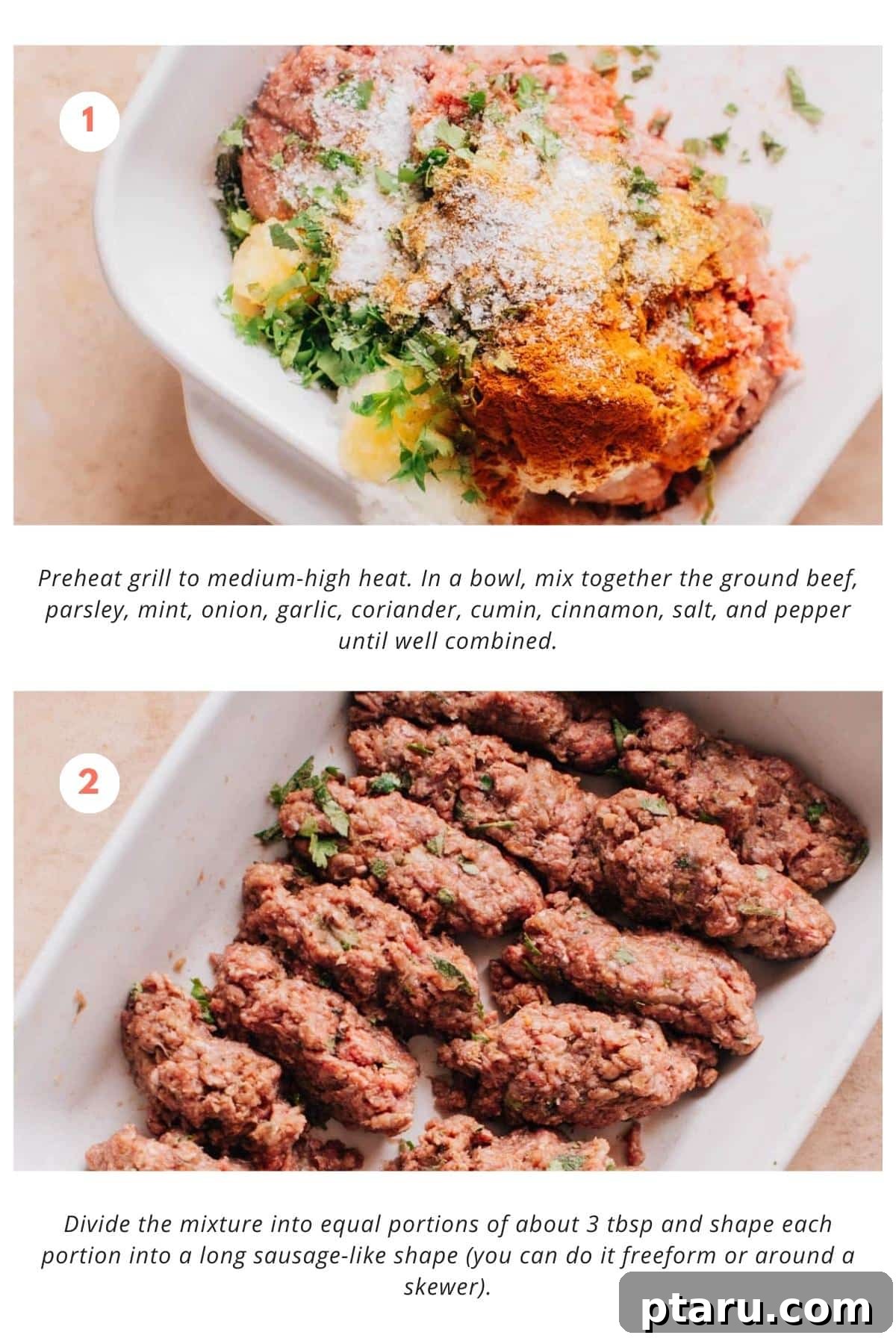 Perfectly Succulent Beef Kafta 5 The ground beef is mixed with parsley, mint, onion, garlic, coriander, cumin, cinnamon, salt, and pepper in a bowl until well combined. The mixture is divided into equal portions of about 3 tbsp and shaped into long sausage-like shapes, either freeform or around a skewer