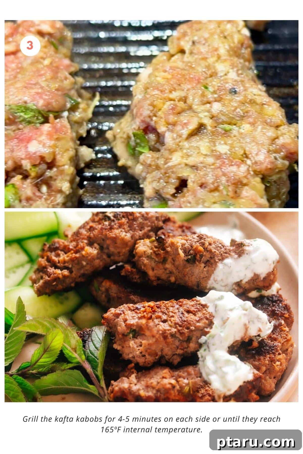 Perfectly Succulent Beef Kafta 6 The kafta kabobs are grilled for 4-5 minutes on each side or until they reach an internal temperature of 165ºF.