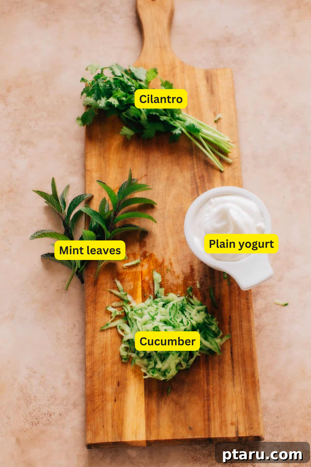Simple Indian Raita Yogurt Sauce 3 Collection of fresh ingredients for Indian Yogurt Sauce including yogurt, cucumber, cilantro, mint, and green chili.