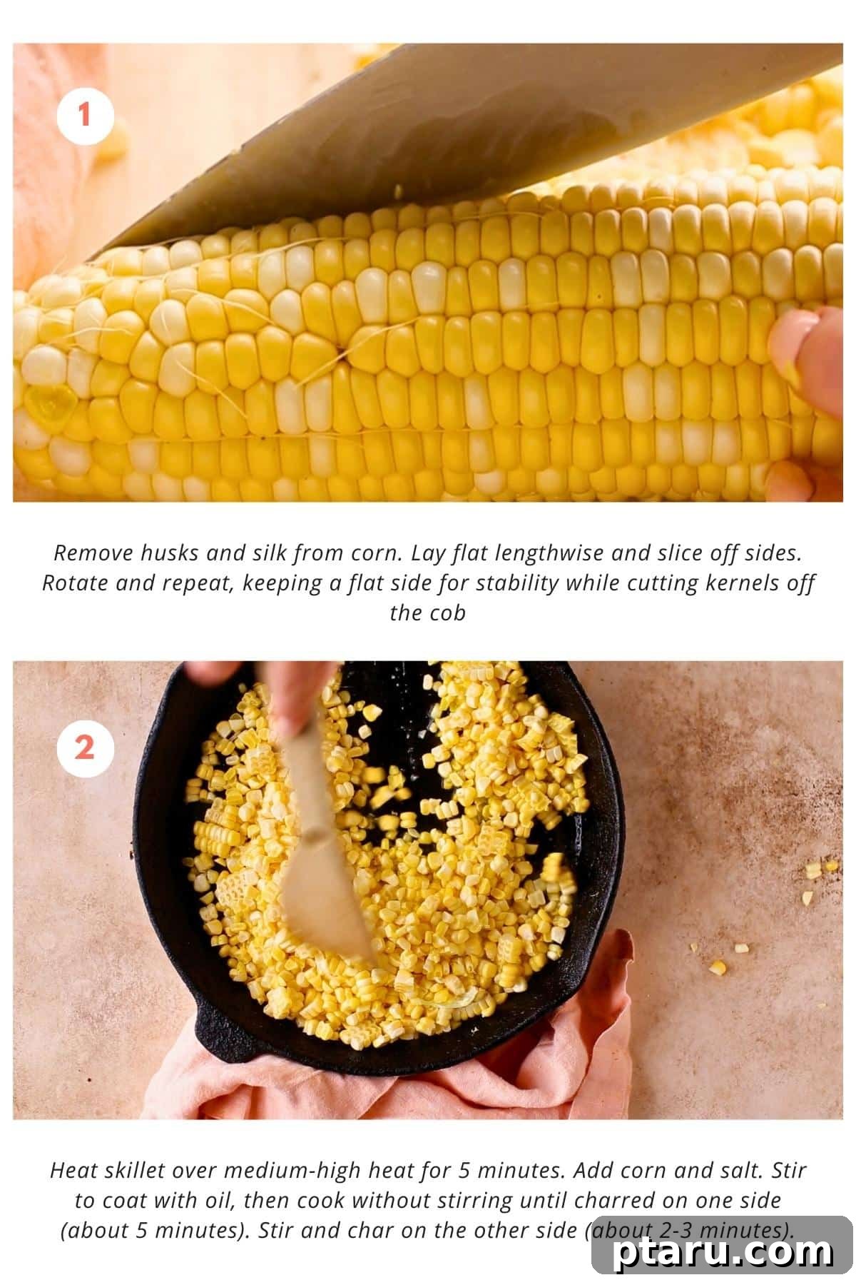 Zesty Mexican Elote Salad 4 The initial stages of preparing Mexican Roasted Corn Off The Cob, showing fresh corn cobs being de-husked and kernels carefully removed with a knife.
