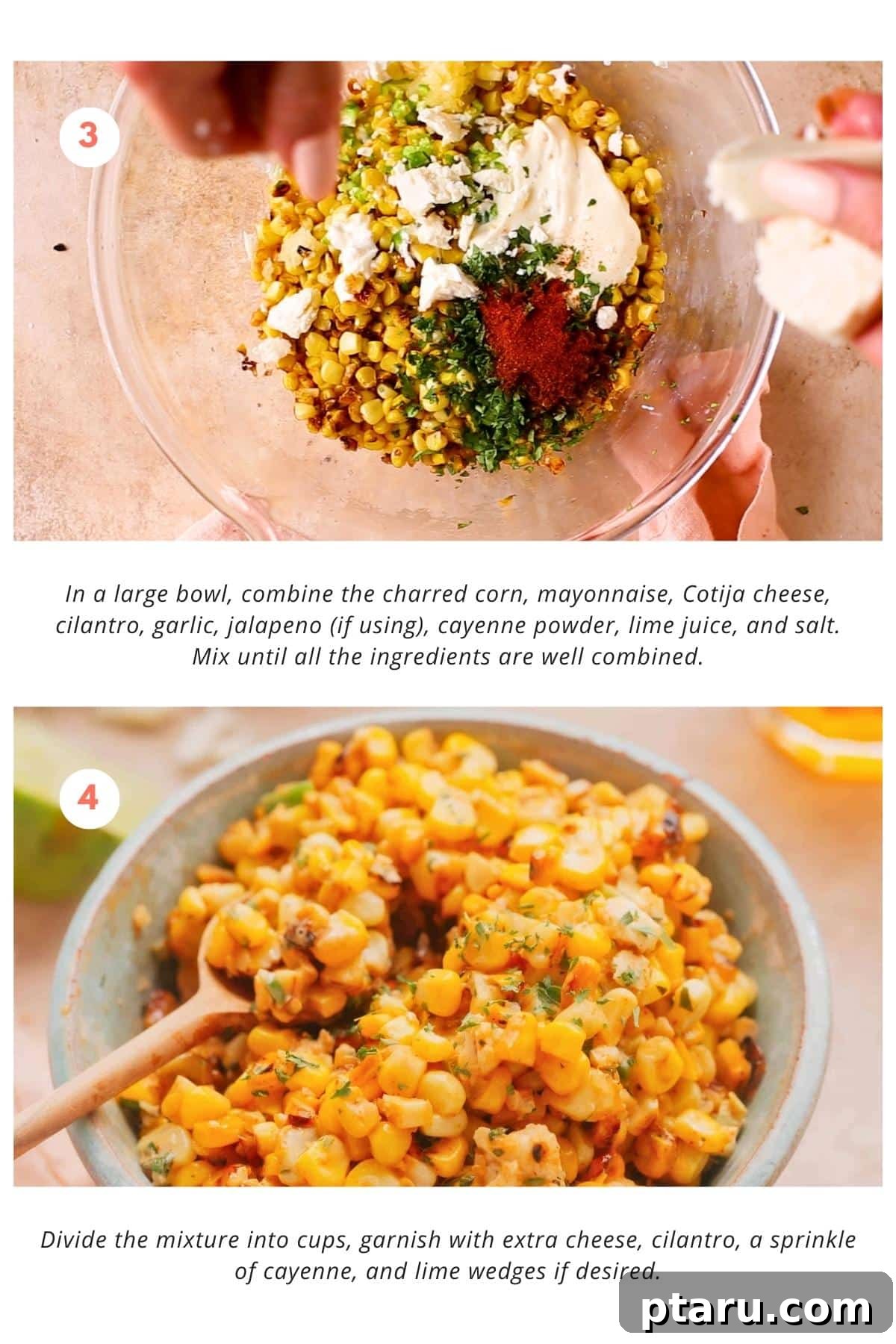Zesty Mexican Elote Salad 5 A visual guide depicting step-by-step instructions on how to make Mexican Street Corn Salad, from perfectly charring corn kernels in a skillet to mixing them with a creamy, zesty dressing.