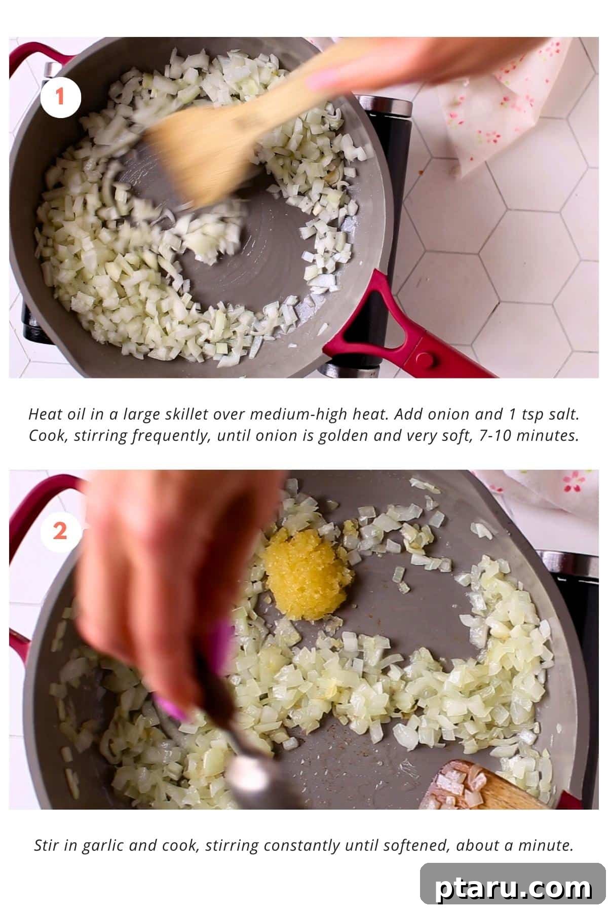 Loaded Taco Casserole 4 Finely chopped onion is sautéing in a large skillet over medium-high heat with a pinch of salt until it becomes golden and very soft. Minced garlic is about to be stirred in, adding a rich aroma to the base of the taco meat mixture.