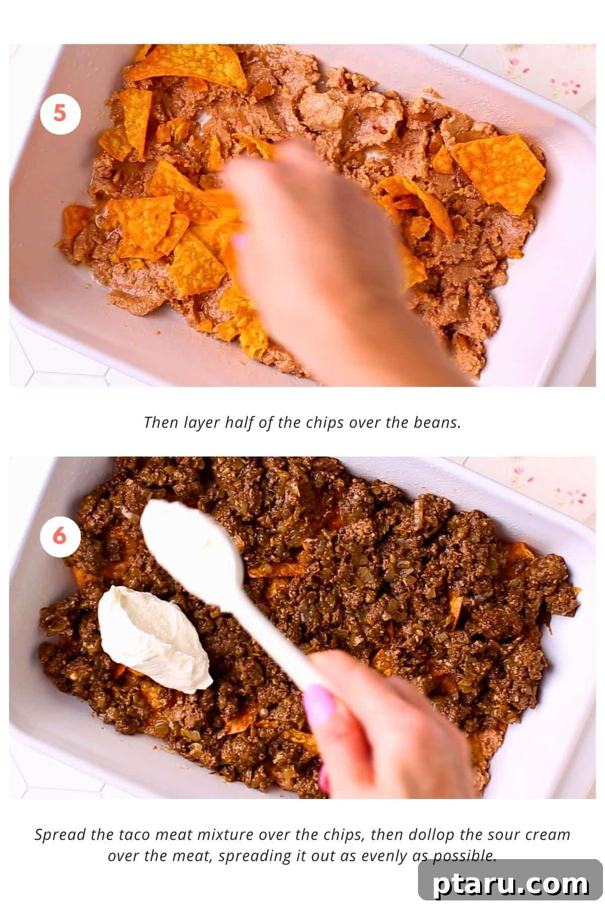 Loaded Taco Casserole 6 A vibrant layer of seasoned taco meat mixture is spread over crispy corn chips in a baking dish, with dollops of creamy sour cream neatly arranged on top, ready to be spread evenly before the final layer of cheese.