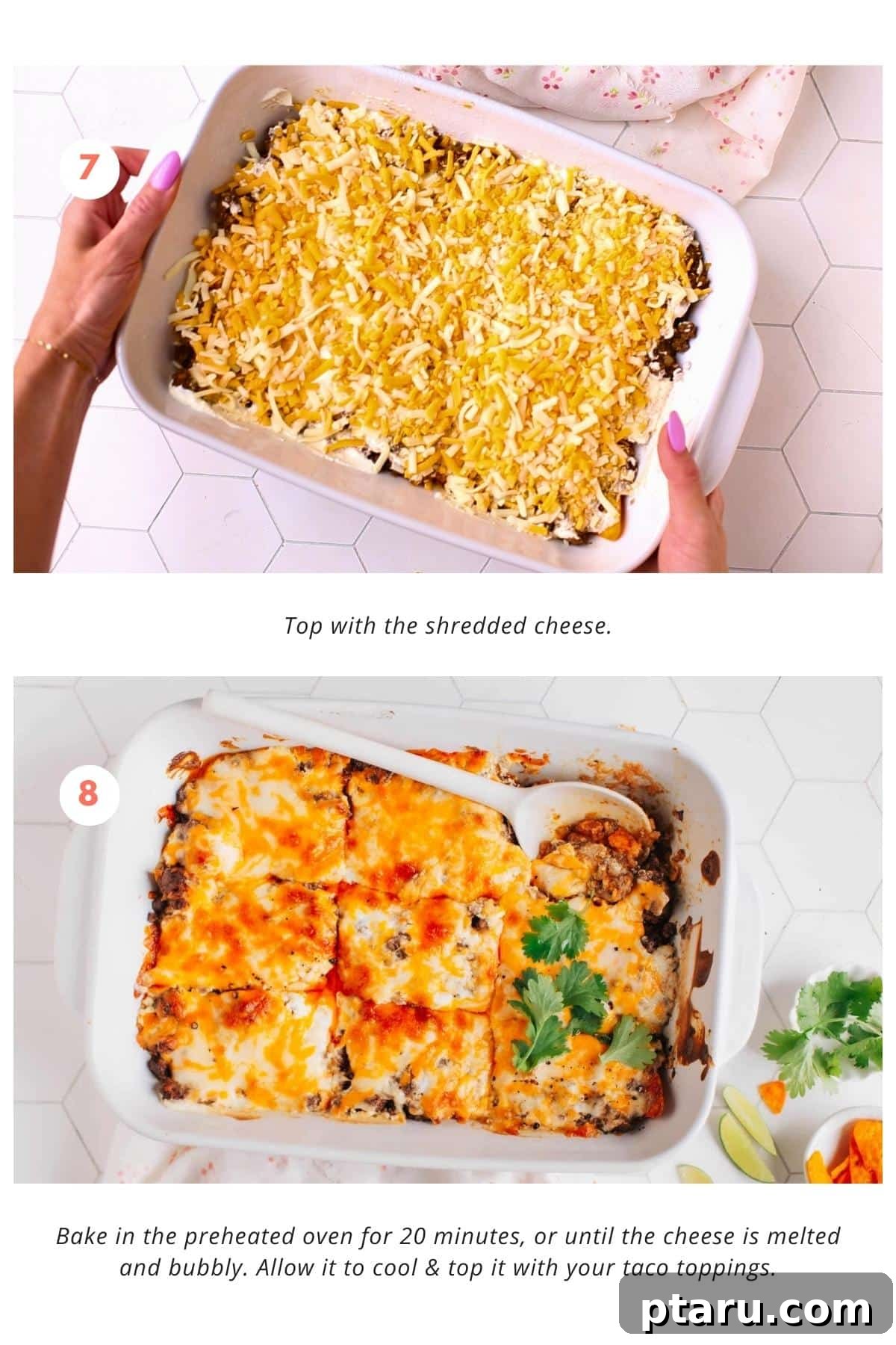 Loaded Taco Casserole 7 The Walking Taco Casserole, freshly baked and piping hot, with a golden-brown, bubbly layer of melted shredded cheese covering the entire dish, having just been removed from the oven.