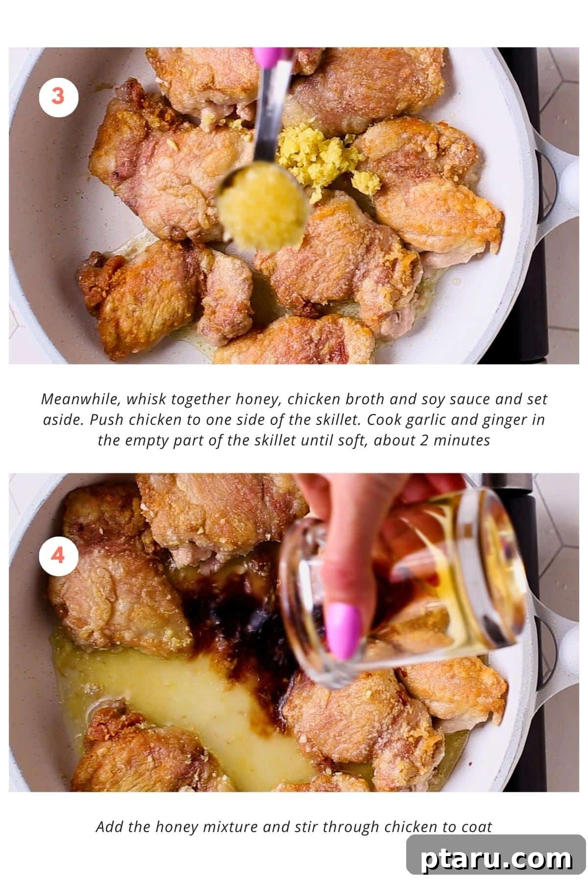 Zesty Ginger Garlic Chicken 5 After cooking the chicken, garlic and ginger are sautéed in the same skillet. Then, a prepared mixture of honey, chicken broth, and soy sauce is added, and the chicken is returned to the pan to simmer and coat in the thick, flavorful sauce.