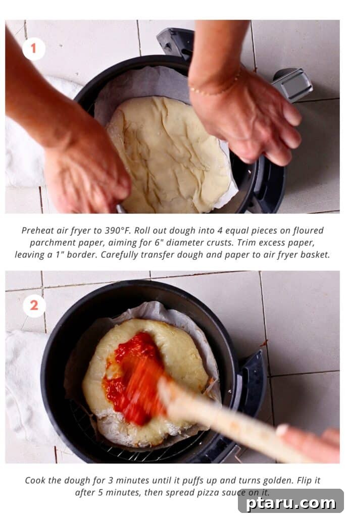 Effortless Air Fryer Pizza For Crispy Perfection 5 The dough is rolled into 4 equal pieces on floured parchment paper, with 6