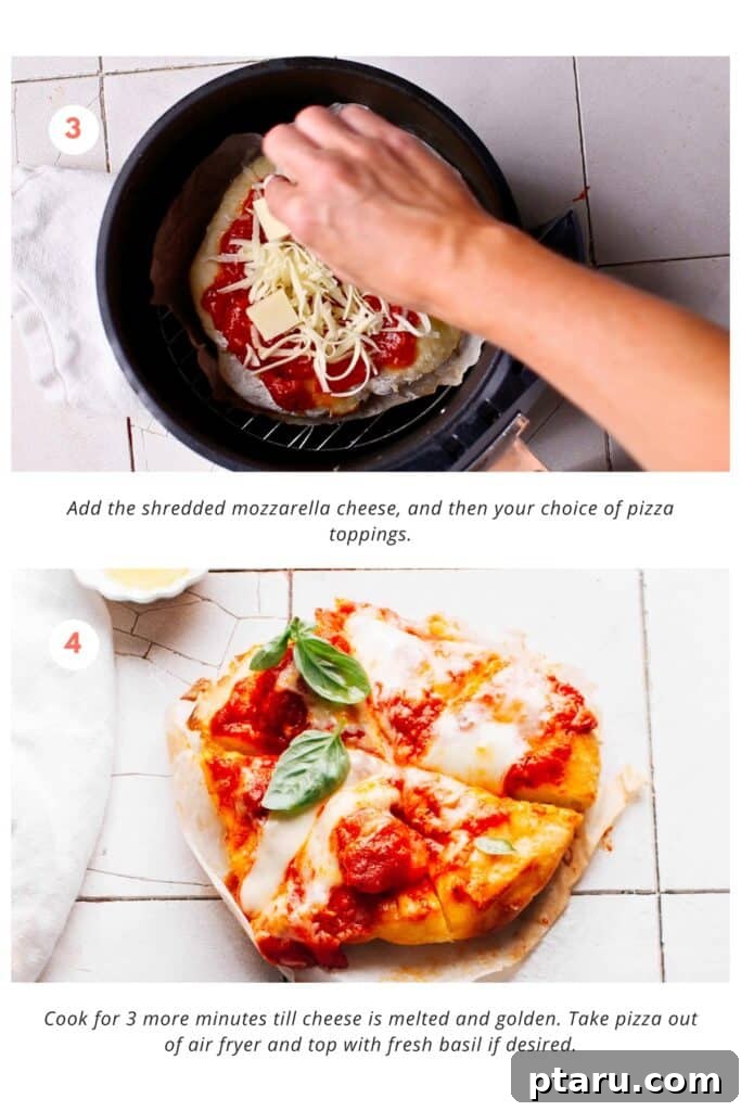 Effortless Air Fryer Pizza For Crispy Perfection 6 The shredded mozzarella cheese and pizza toppings are added, then the pizza is cooked for an additional 3 minutes until the cheese is melted and golden. Finally, it's taken out of the air fryer and topped with fresh basil if desired.