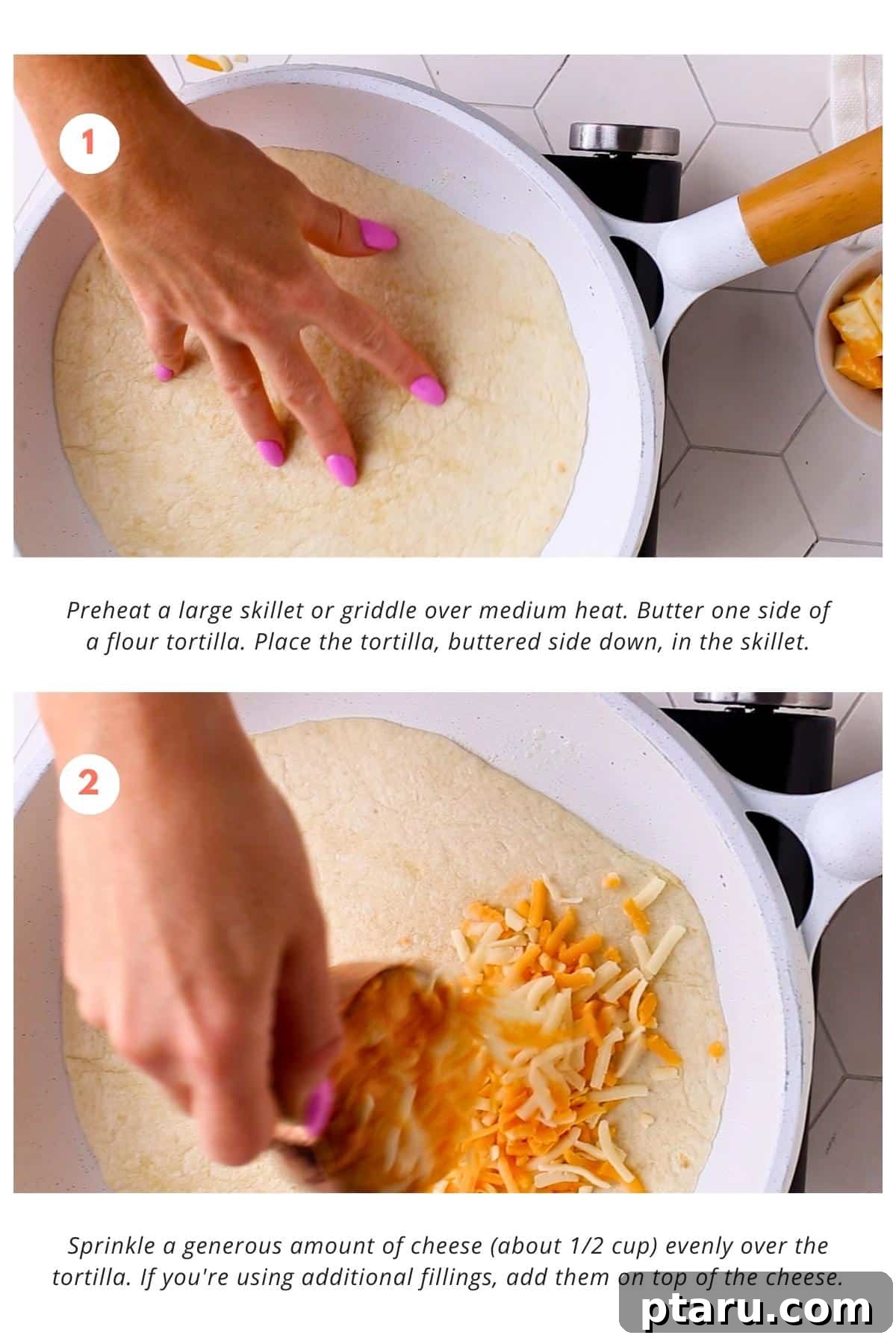 Golden Cheesy Foldover 6 A buttered flour tortilla rests in a preheated large skillet, ready to be sprinkled generously with shredded cheese and any optional fillings.