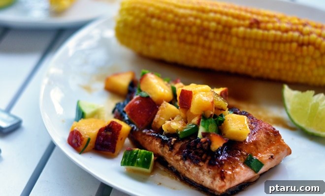 Seared Salmon with Zesty Nectarine Salsa 8 An artfully plated salmon dish with a close-up of the nectarine salsa, ready to be served