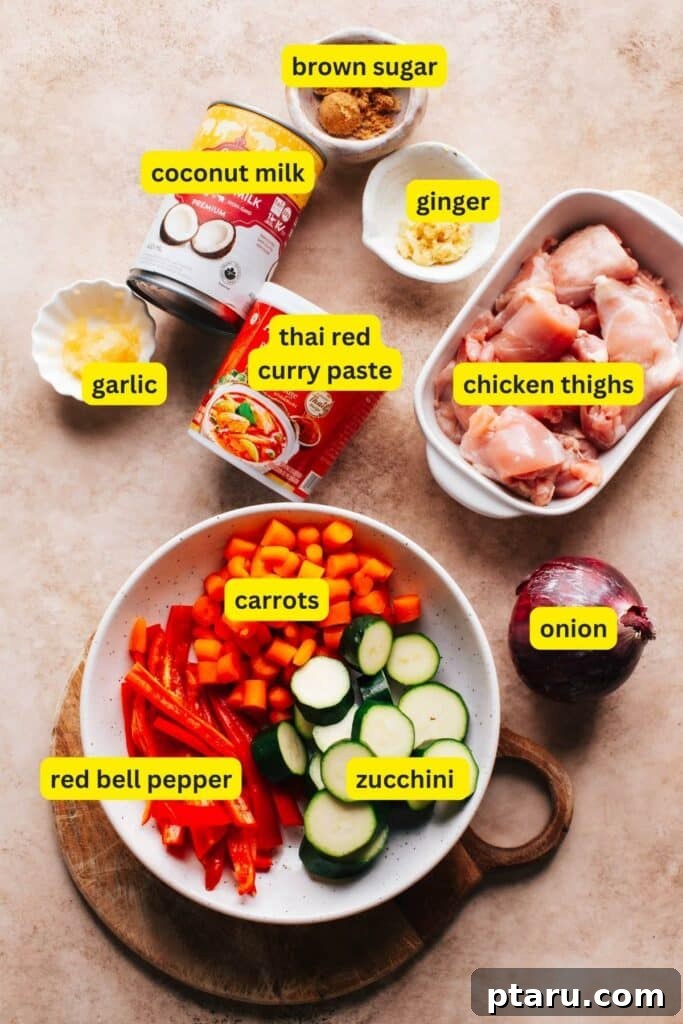 Effortless 20-Minute Red Curry 3 Fresh ingredients laid out for making Thai Red Curry Chicken, including chicken, red bell pepper, zucchini, carrots, basil, lime, red curry paste, and coconut milk.